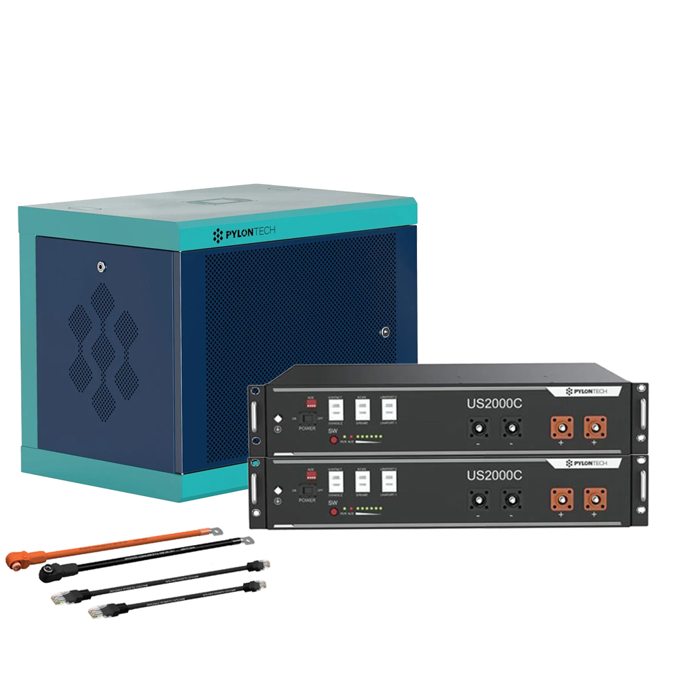 Pylontech 2x US2000C LiFePO4 Batterie 4,8kWh mit Wechselrichter-Anschlusskabelset und Batterieschrank