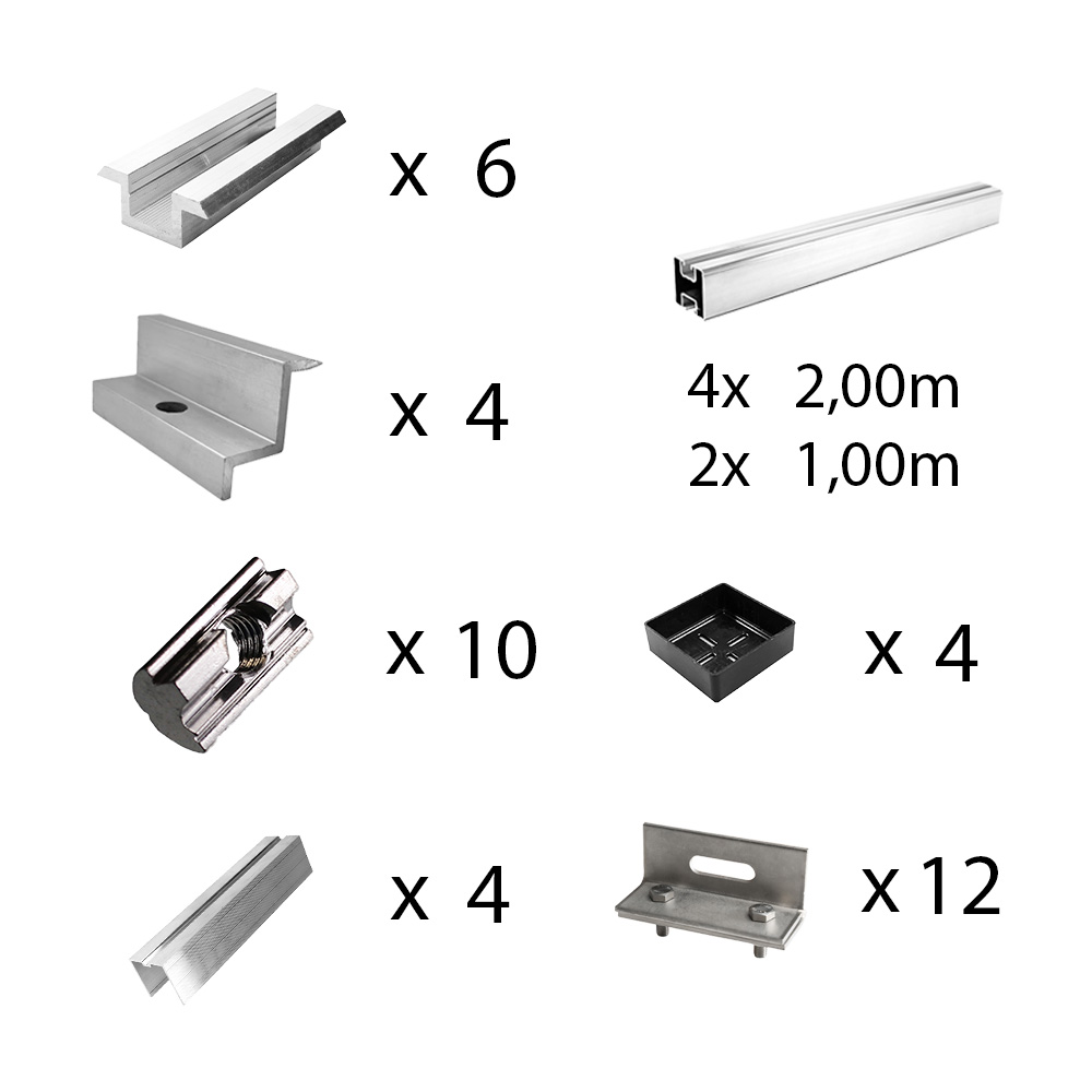 Befestigungskit mit Stehfalzklemmen für Schrägdachmontage 4 Solarpanele Rahmenhöhe 30mm