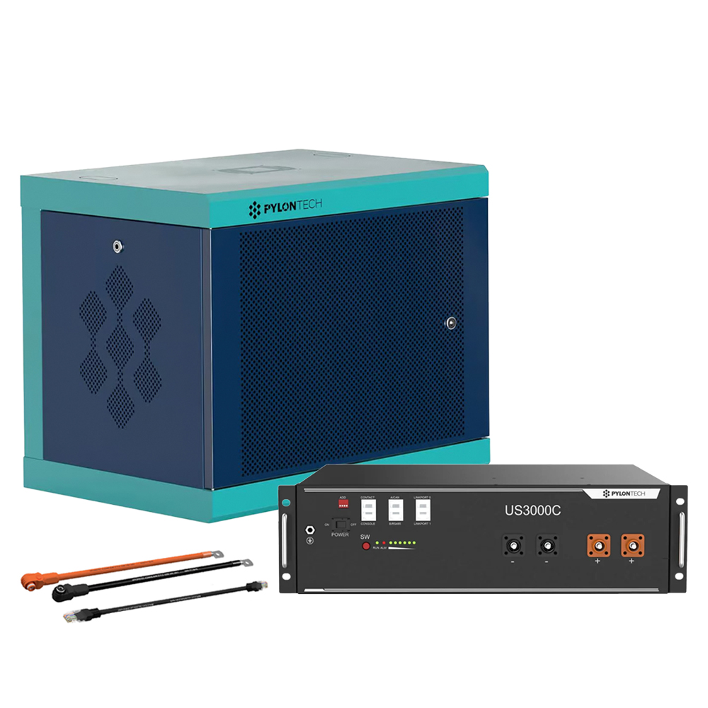 Pylontech 1x US3000C LiFePO4 Batterie 3,5kWh mit Wechselrichter-Anschlusskabelset und Batterieschrank